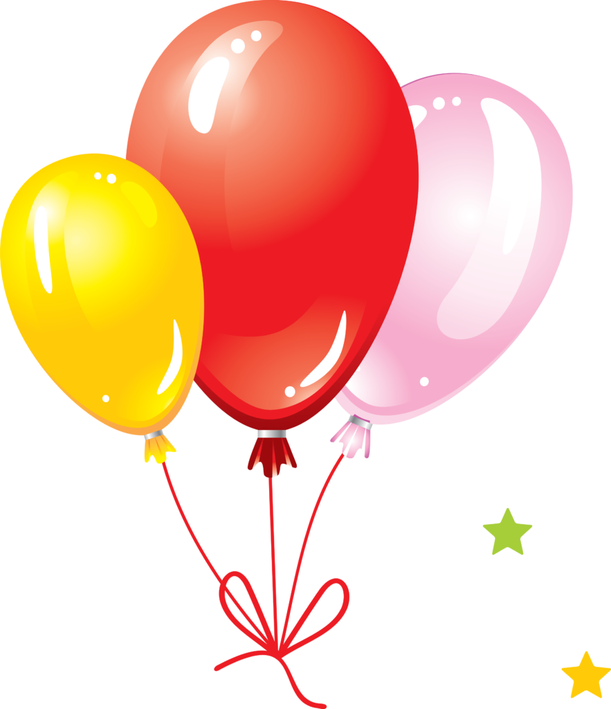 Red, yellow and pink balloons on transparency, with two stars and tied red strings.
